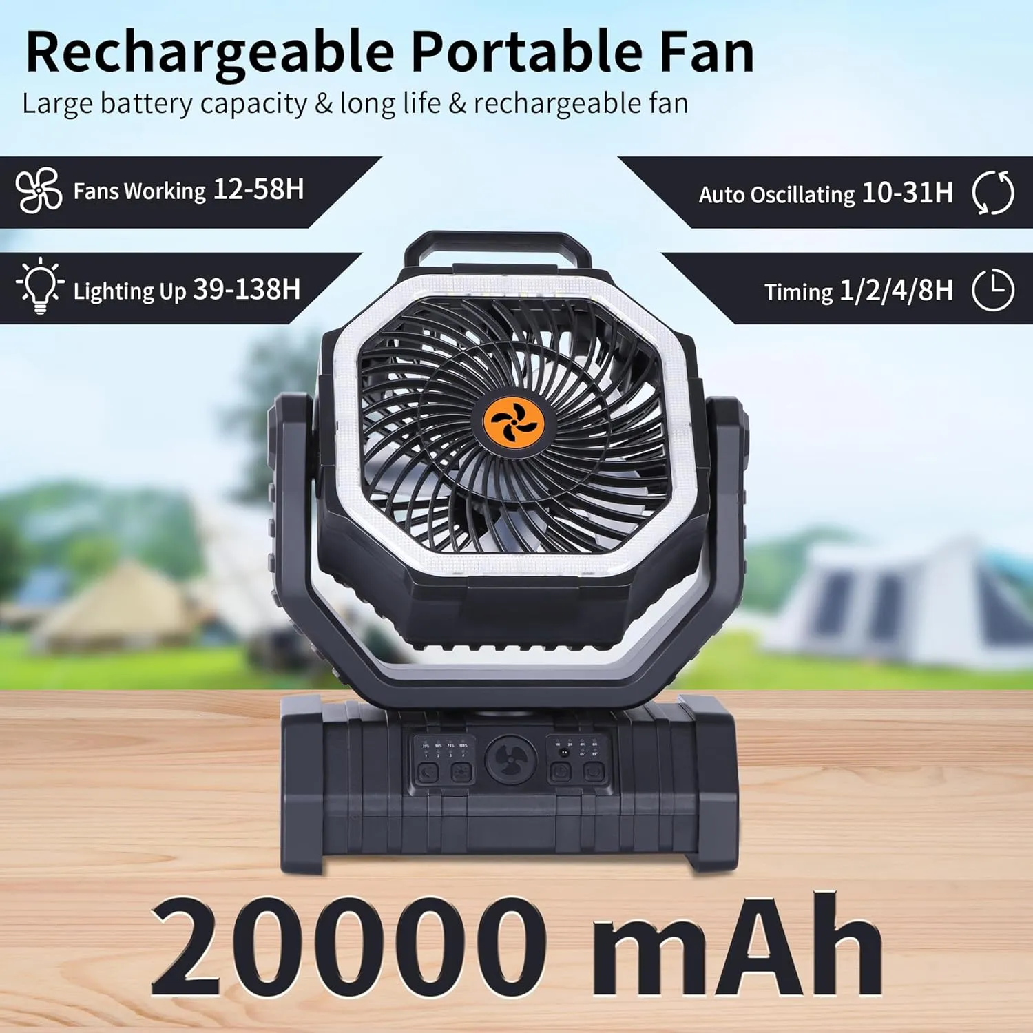 𝟐𝟎𝟎𝟎𝟎𝐦𝐀𝐡 Rechargeable Fan Portable,𝟏𝟑𝐈𝐧Battery Powered Camping Fan with Light,Workup 𝟔𝟎𝐇 & 𝟖𝐇 Timer & Remote,Auto Oscillation Battery Operated Fans Portable for Camping - Hanging Hook