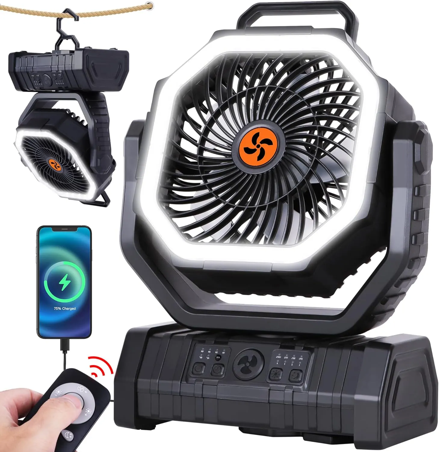 𝟐𝟎𝟎𝟎𝟎𝐦𝐀𝐡 Rechargeable Fan Portable,𝟏𝟑𝐈𝐧Battery Powered Camping Fan with Light,Workup 𝟔𝟎𝐇 & 𝟖𝐇 Timer & Remote,Auto Oscillation Battery Operated Fans Portable for Camping - Hanging Hook