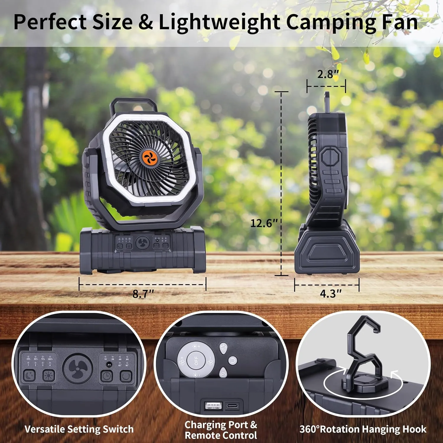 𝟐𝟎𝟎𝟎𝟎𝐦𝐀𝐡 Rechargeable Fan Portable,𝟏𝟑𝐈𝐧Battery Powered Camping Fan with Light,Workup 𝟔𝟎𝐇 & 𝟖𝐇 Timer & Remote,Auto Oscillation Battery Operated Fans Portable for Camping - Hanging Hook