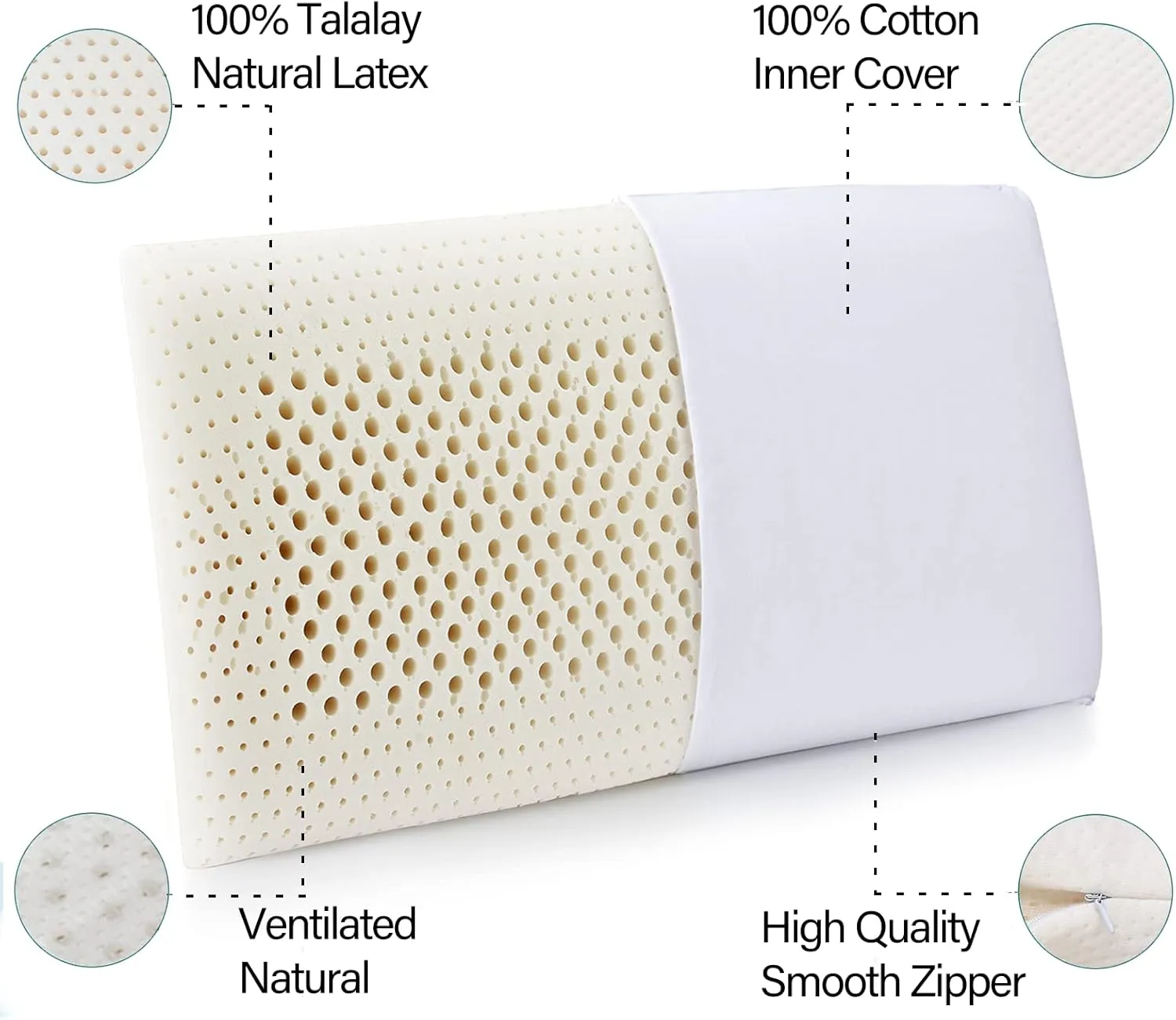 100% Talalay Latex Pillow Bed Pillow for Sleeping, Extra Soft Natural Latex Sleeping Pillow for Back, Stomach or Side Sleepers, Removable Breathable Cotton Cover - High Elasticity