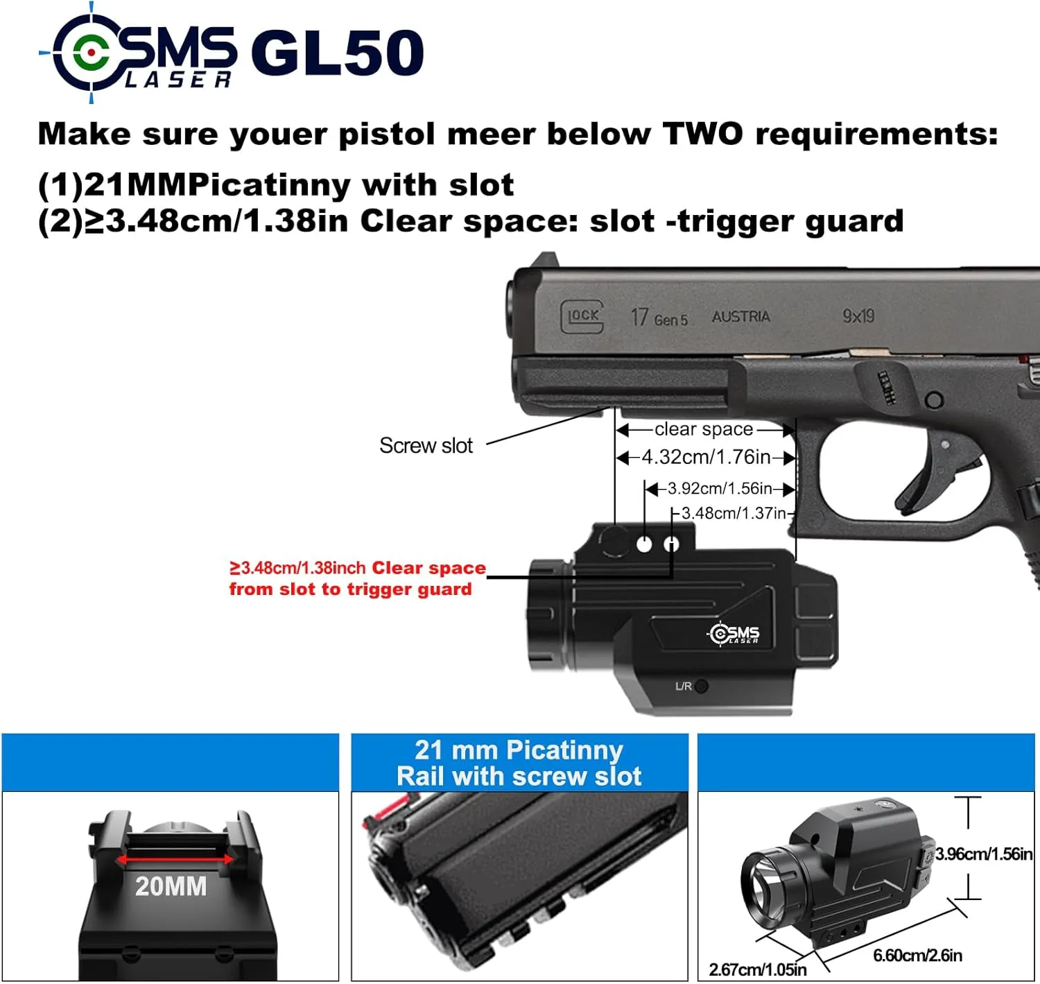 1000 Lumens Tactical Flashlight Laser Combo GL50-R, Magnetic Rechargeable Strobe Weapon Light with Red Beam Laser Sight for Glock Pistol Handgun, Anodized Aluminum Shell, Ambidextrous Button