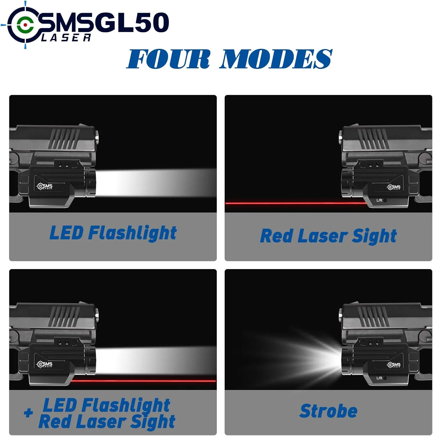 1000 Lumens Tactical Flashlight Laser Combo GL50-R, Magnetic Rechargeable Strobe Weapon Light with Red Beam Laser Sight for Glock Pistol Handgun, Anodized Aluminum Shell, Ambidextrous Button