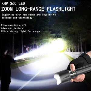 1000000 Lumens High Powerful LED Flashlight,Super Bright XHP360 Rechargeable Torch,Zoomable Tactical Flashlight with Electric Quantity Display,5 Modes,IPX4 Waterproof Handheld Searchlight