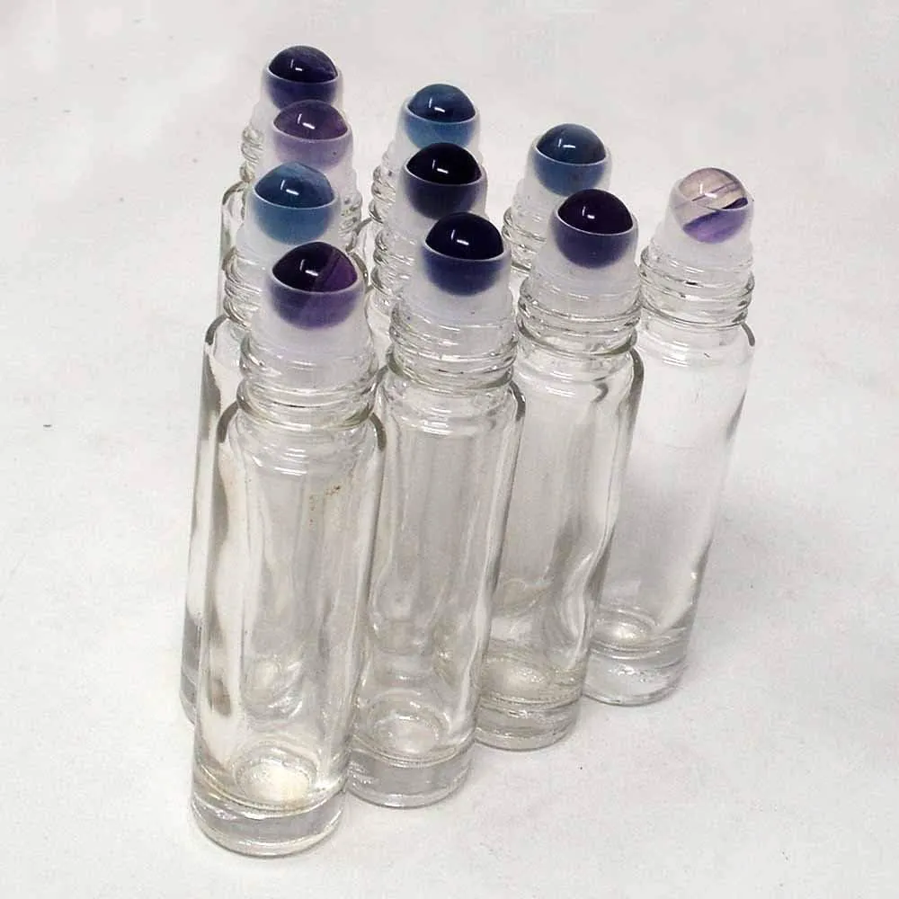 10pcs Clear 10ml Empty Refillable Glass Bottles with Crystal Semiprecious Stones Essential Oil Gemstone Roller Ball Bottles with Silver Lid with Free Bag W3900 (Fluorite)