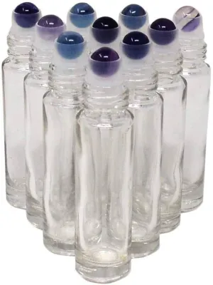 10pcs Clear 10ml Empty Refillable Glass Bottles with Crystal Semiprecious Stones Essential Oil Gemstone Roller Ball Bottles with Silver Lid with Free Bag W3900 (Fluorite)