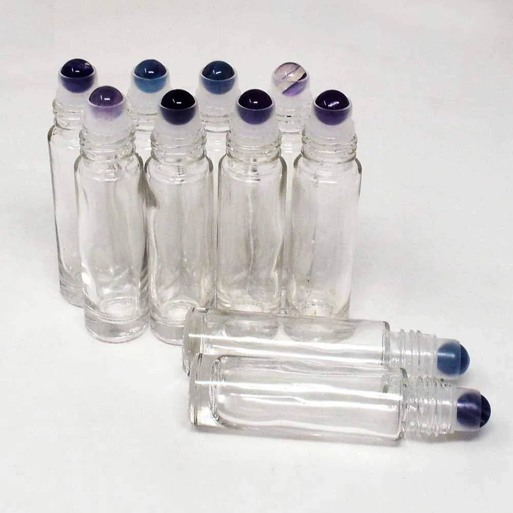 10pcs Clear 10ml Empty Refillable Glass Bottles with Crystal Semiprecious Stones Essential Oil Gemstone Roller Ball Bottles with Silver Lid with Free Bag W3900 (Fluorite)