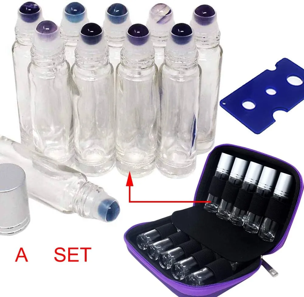 10pcs Clear 10ml Empty Refillable Glass Bottles with Crystal Semiprecious Stones Essential Oil Gemstone Roller Ball Bottles with Silver Lid with Free Bag W3900 (Fluorite)