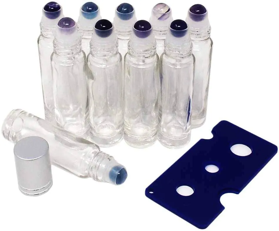10pcs Clear 10ml Empty Refillable Glass Bottles with Crystal Semiprecious Stones Essential Oil Gemstone Roller Ball Bottles with Silver Lid with Free Bag W3900 (Fluorite)
