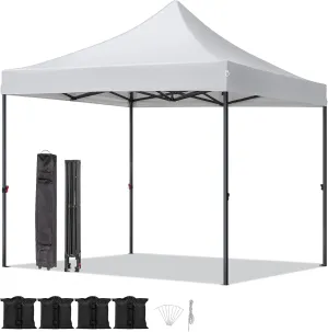 10'x10' Pop Up Canopy Tent, Portable Easy Up Shade Canopy with Wheeled Carry Bag, 4 Sandbags and 4 Stakes, Commercial Instant Heavy Duty Canopy for Outdoor, Market, and Party (White)