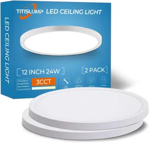 12 Inch Dimmable LED Flush Mount Ceiling Light 2 Pack, Low Profile Ceiling Light with 3 CCT (3000K/4000K/5000K), 24W 2400LM, 5%-100% Dimming for Bedroom, Living Room & Porch, White