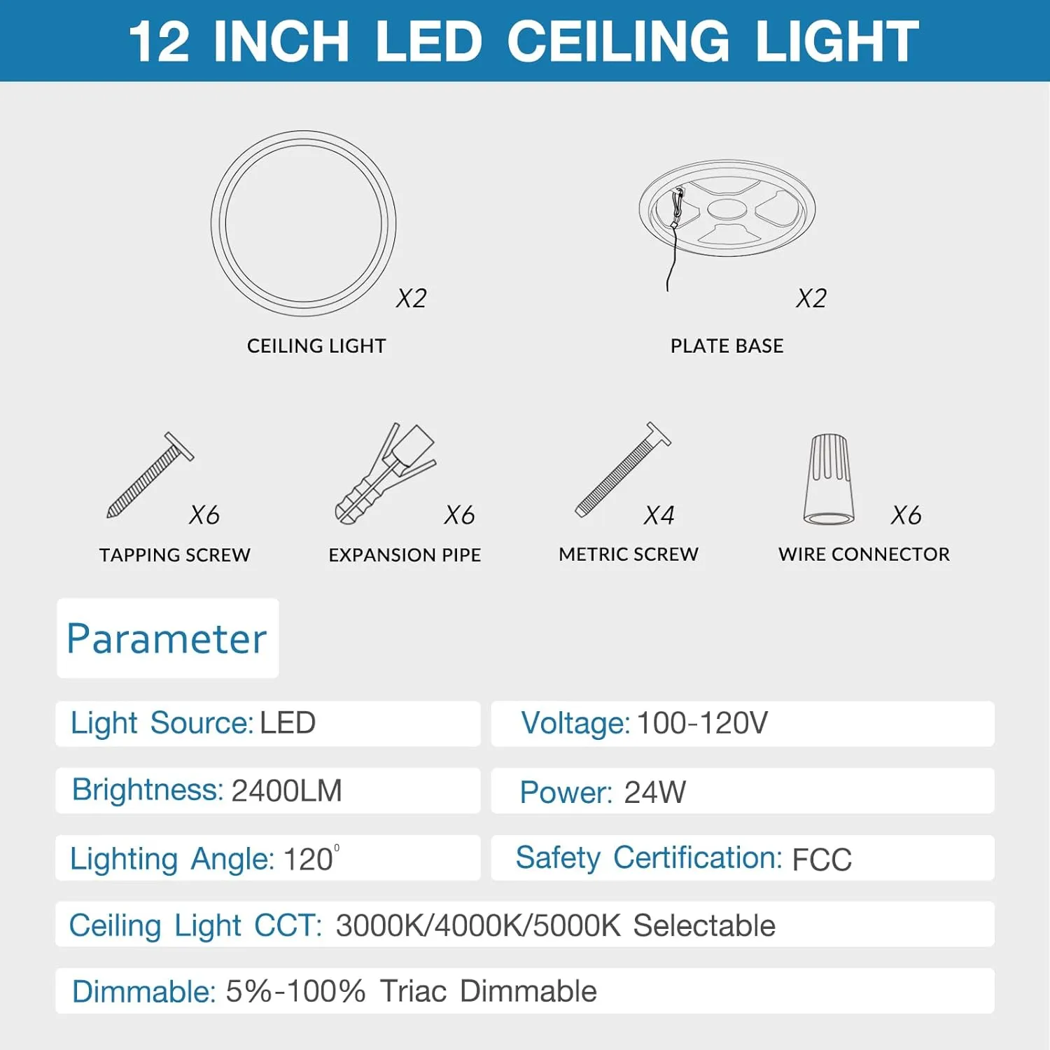 12 Inch Dimmable LED Flush Mount Ceiling Light 2 Pack, Low Profile Ceiling Light with 3 CCT (3000K/4000K/5000K), 24W 2400LM, 5%-100% Dimming for Bedroom, Living Room & Porch, White
