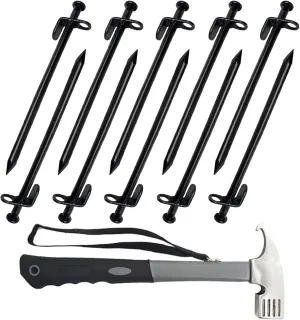 12-Inch Tent Stakes & Tent Hammer, Heavy Duty Camping Stakes, Forged Steel Tent Pegs Unbreakable and Inflexible, Available in Rocky Place Dessert Snowfield and Grassland (Black)