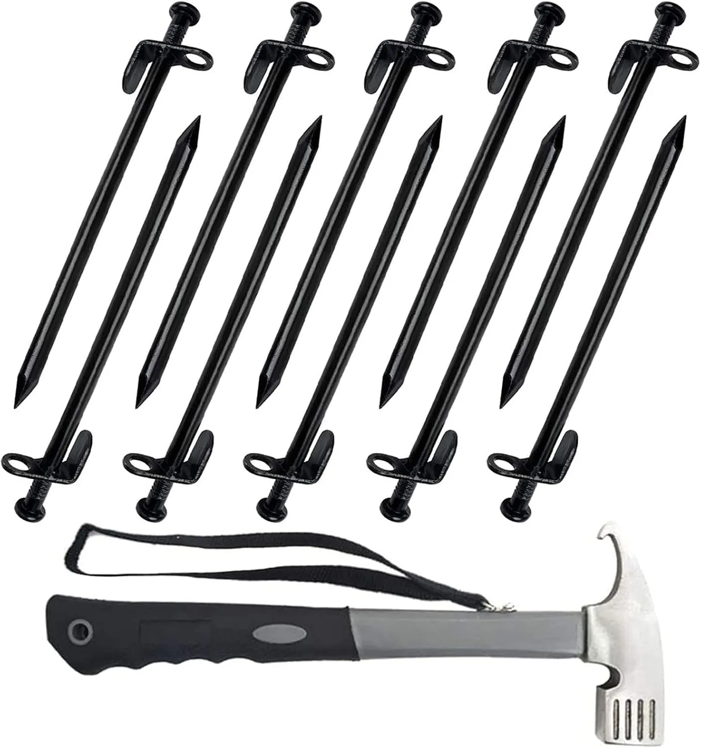 12-Inch Tent Stakes & Tent Hammer, Heavy Duty Camping Stakes, Forged Steel Tent Pegs Unbreakable and Inflexible, Available in Rocky Place Dessert Snowfield and Grassland (Black)