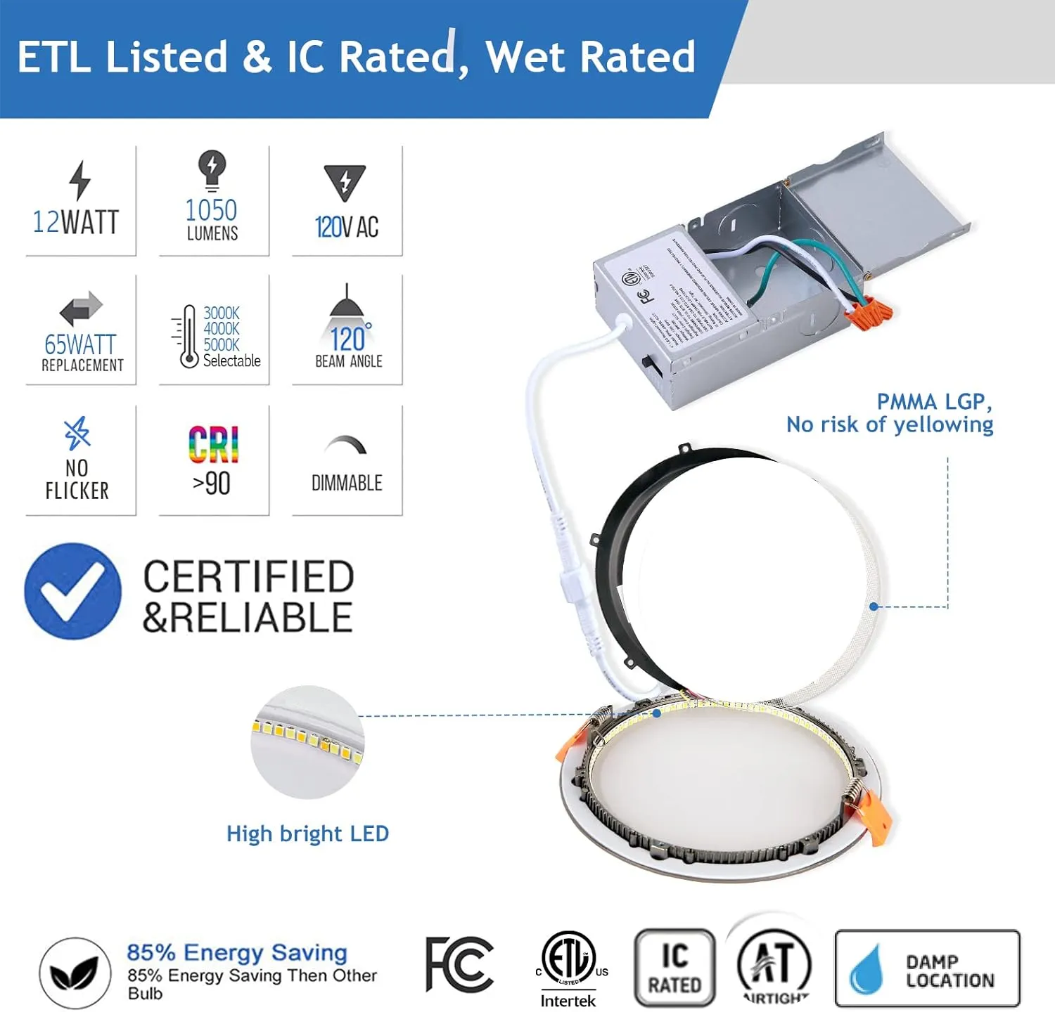 12 Pack Bronze Recessed Lighting 6 Inch Exterior Soffit Wafer Lights, Dimmable & 5CCT Selectable, 12W, 120Vac, Wet & IC Rated, ETL
