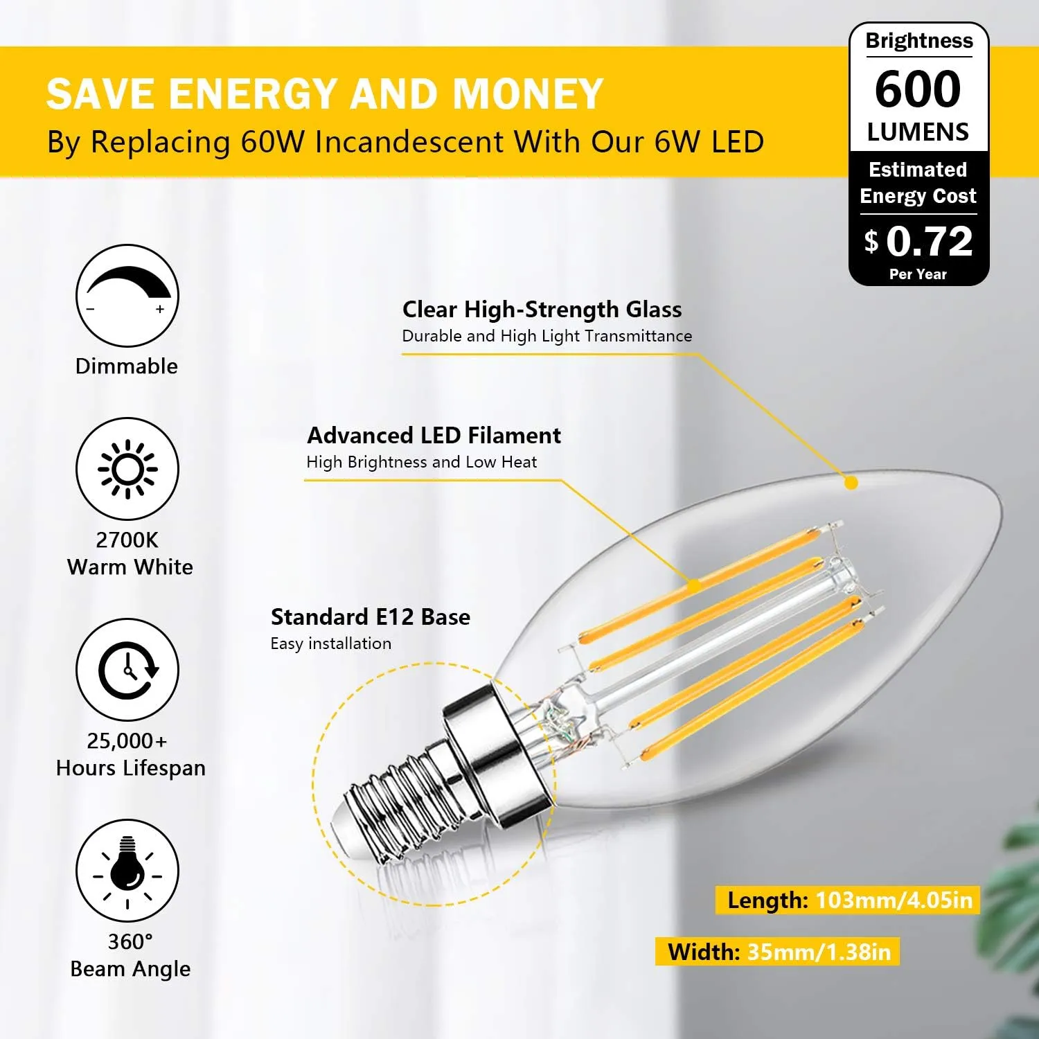 12-Pack Dimmable E12 LED Candelabra Bulbs 60W Equivalent, 2700K Soft Warm White, 600 Lumens B11 Candle Base 6W C35 LED Filament Vintage Light Bulbs, Clear Glass for Chandelier Ceiling Fan High CRI 90 