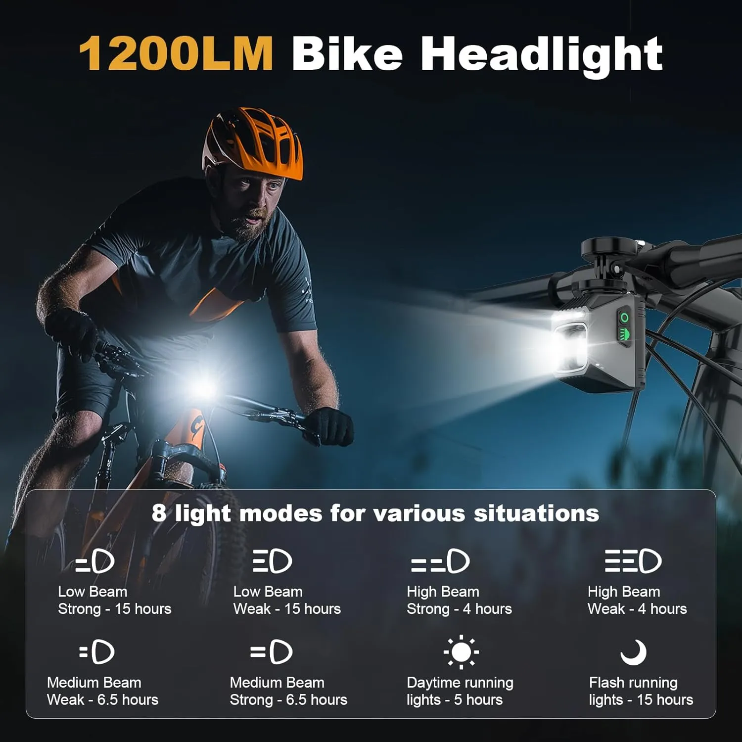 1200 Bike Lights for Night Riding, LED USB-C Rechargeable IPX65 Waterproof Bicycle Headlight for Mountain Road Cycling