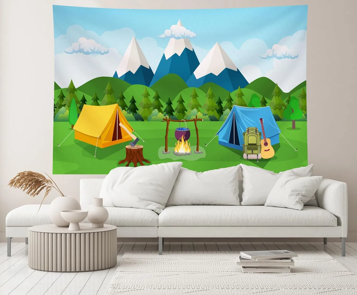12ftx10ft Cartoon Camping Backdrop Snow Mountain Forest Scenery Outdoor Campfire Camper Tent Background Hiking Climbing Themed Party Decoration Birthday Party Banner Photo Shoot Props