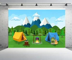 12ftx10ft Cartoon Camping Backdrop Snow Mountain Forest Scenery Outdoor Campfire Camper Tent Background Hiking Climbing Themed Party Decoration Birthday Party Banner Photo Shoot Props