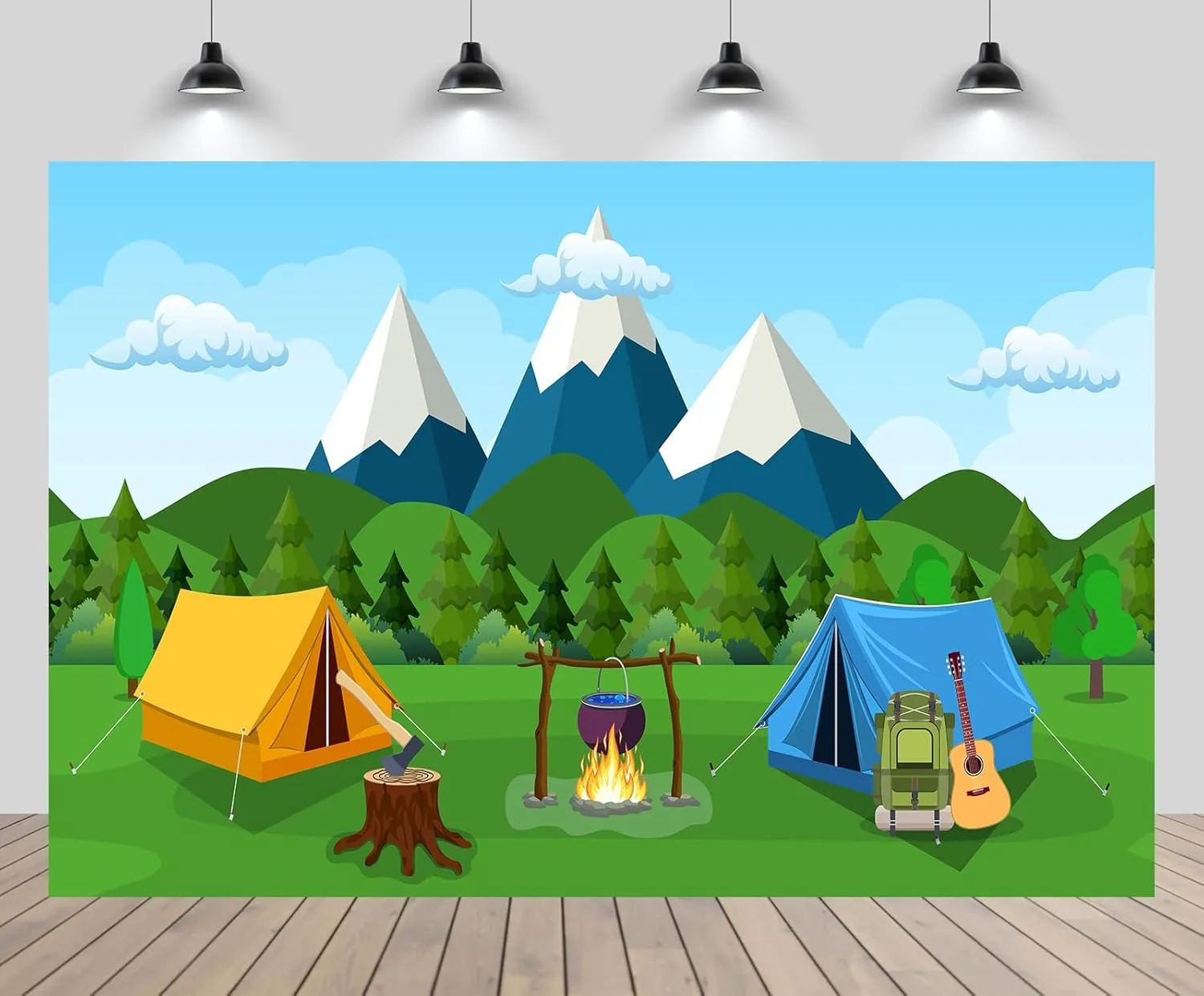 12ftx10ft Cartoon Camping Backdrop Snow Mountain Forest Scenery Outdoor Campfire Camper Tent Background Hiking Climbing Themed Party Decoration Birthday Party Banner Photo Shoot Props
