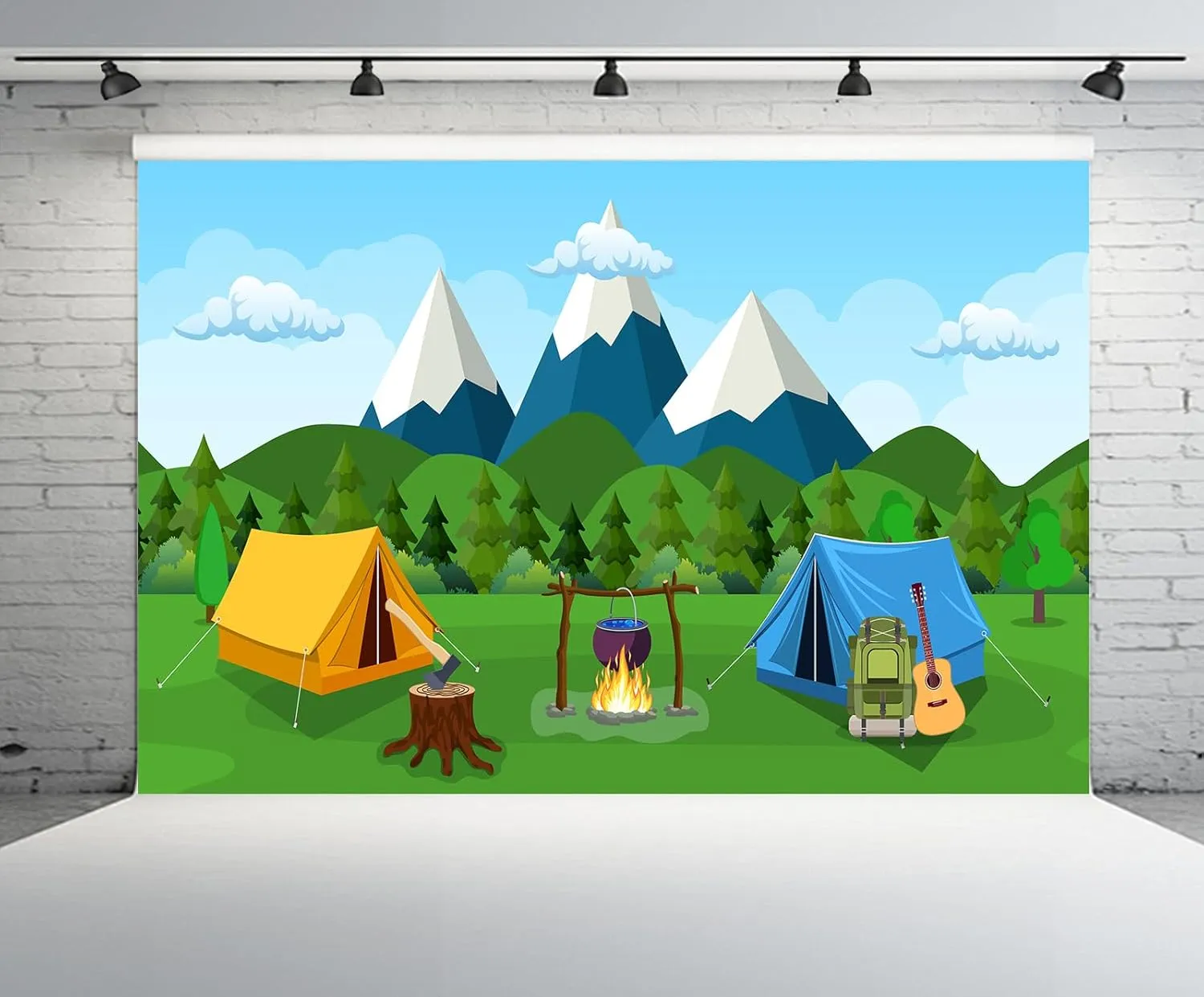 12ftx10ft Cartoon Camping Backdrop Snow Mountain Forest Scenery Outdoor Campfire Camper Tent Background Hiking Climbing Themed Party Decoration Birthday Party Banner Photo Shoot Props