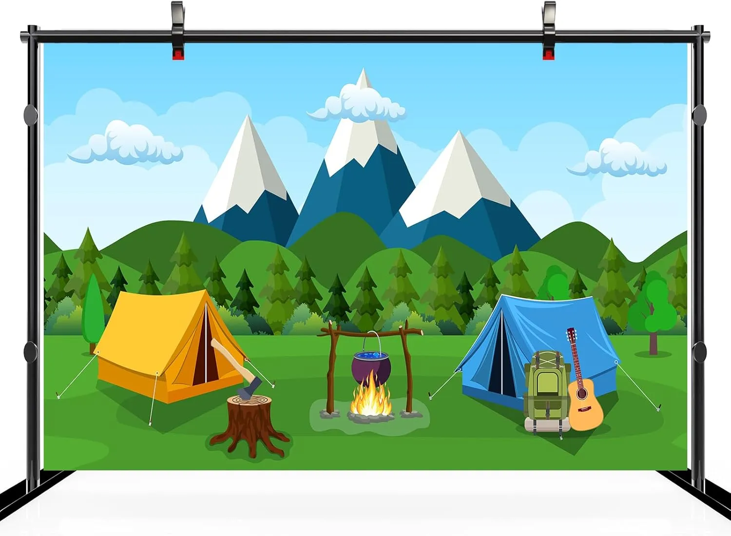 12ftx10ft Cartoon Camping Backdrop Snow Mountain Forest Scenery Outdoor Campfire Camper Tent Background Hiking Climbing Themed Party Decoration Birthday Party Banner Photo Shoot Props