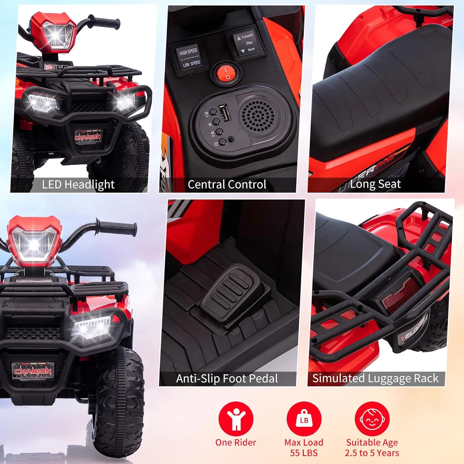 12V Kids Ride On Electric ATV, Battery-Operated Car for Kids，4-Wheeler Quad Car Toy with Dual Speed Adjustment 1.5-2.2mph, One Button Start，Led Light，Music, USB for Toddlers,Red