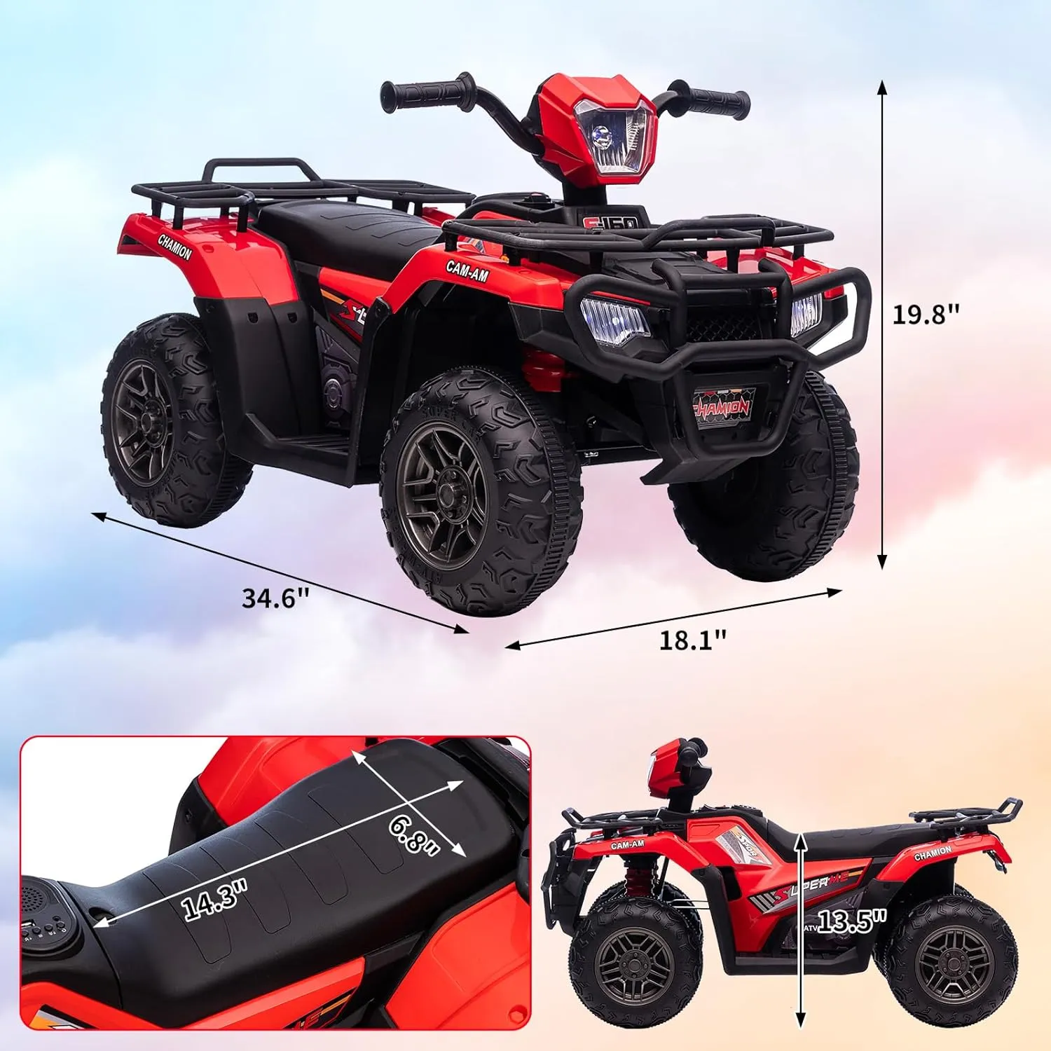 12V Kids Ride On Electric ATV, Battery-Operated Car for Kids，4-Wheeler Quad Car Toy with Dual Speed Adjustment 1.5-2.2mph, One Button Start，Led Light，Music, USB for Toddlers,Red