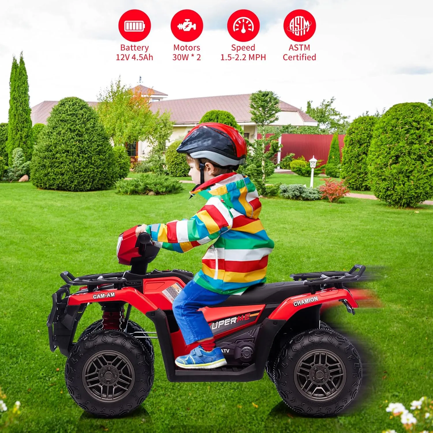12V Kids Ride On Electric ATV, Battery-Operated Car for Kids，4-Wheeler Quad Car Toy with Dual Speed Adjustment 1.5-2.2mph, One Button Start，Led Light，Music, USB for Toddlers,Red