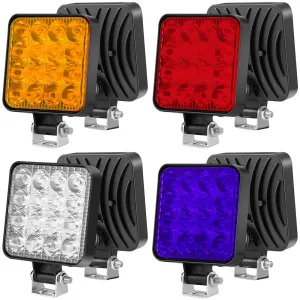 12V Waterproof LED Work Light Bar - 48W Square Spotlight, 1200LM, for SUV, Truck, Off-Road, Night Driving, Available in White, Yellow, Red, Blue