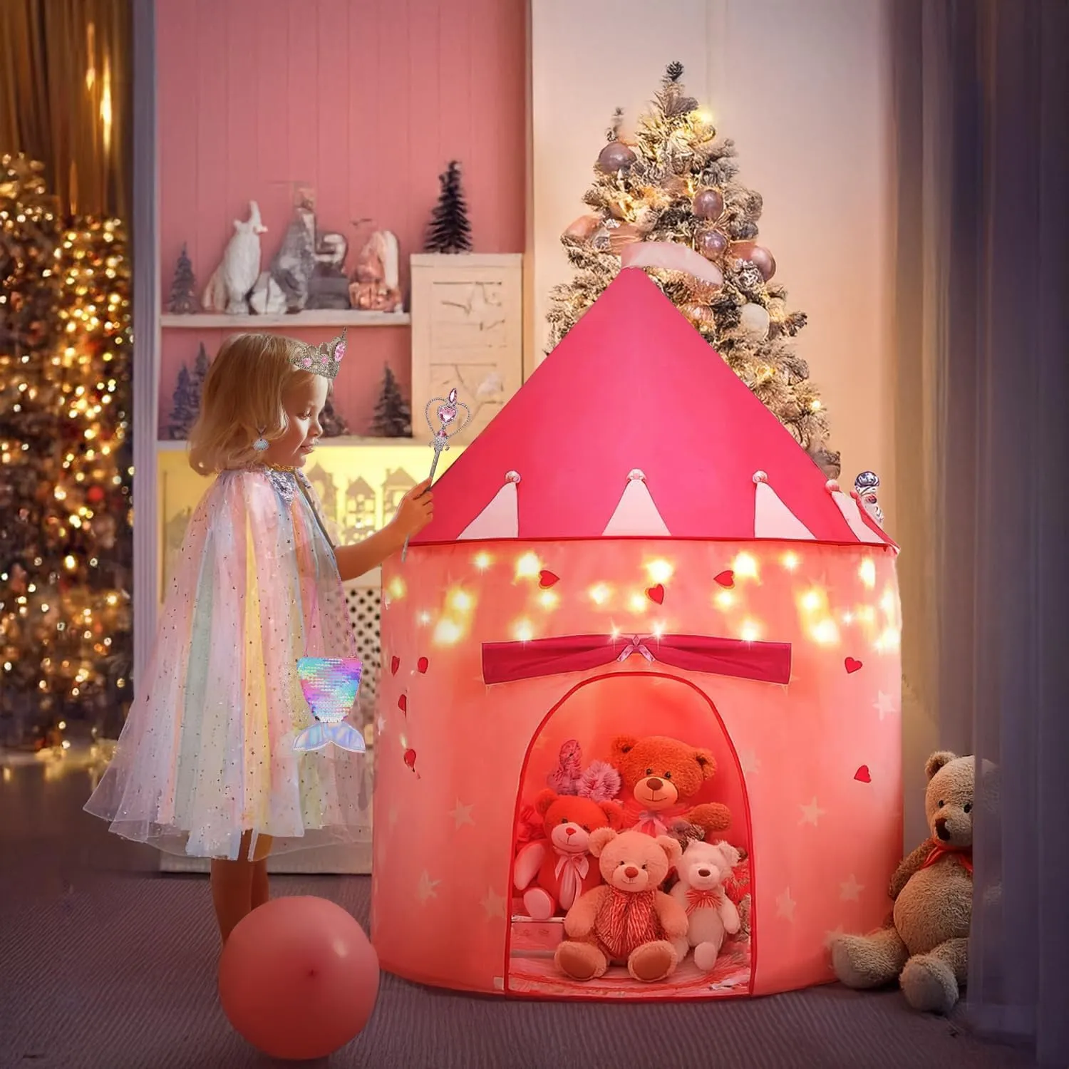 13 Pcs Princess Castle Play Tent with LED Star Lights - Princess Dress-Up Set with Crown for Little Girls - Princess Toy Tent - Indoor and Outdoor Girls Castle Playhouse Tent - Rainbow