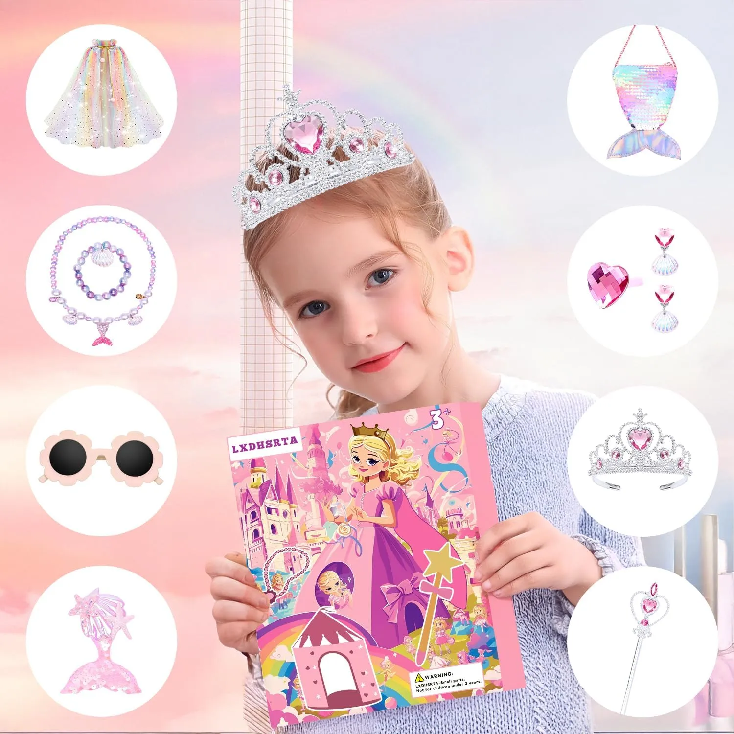 13 Pcs Princess Castle Play Tent with LED Star Lights - Princess Dress-Up Set with Crown for Little Girls - Princess Toy Tent - Indoor and Outdoor Girls Castle Playhouse Tent - Rainbow