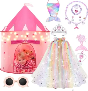 13 Pcs Princess Castle Play Tent with LED Star Lights - Princess Dress-Up Set with Crown for Little Girls - Princess Toy Tent - Indoor and Outdoor Girls Castle Playhouse Tent - Rainbow