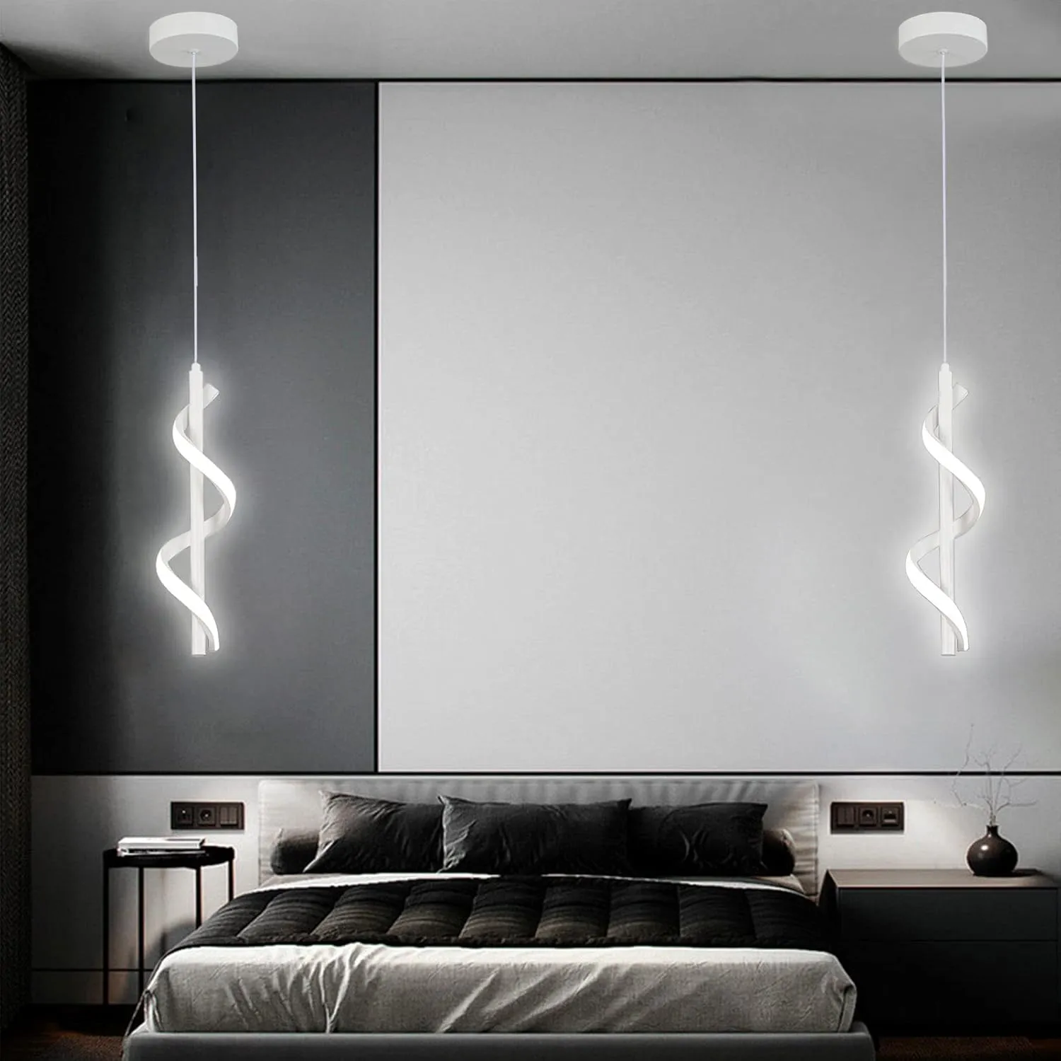 13W Modern Spiral Led Pendant Light Fixture, Cold White 5500K Minimalist Integrated LED Hanging Lamp, Adjustable Hanging Island Light Fixture For Bedroom Living room Kitchen Sink, 1 Pack (White)