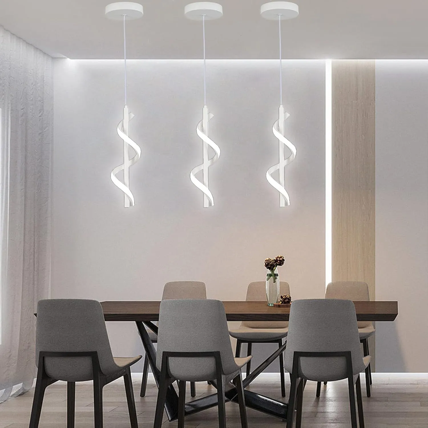 13W Modern Spiral Led Pendant Light Fixture, Cold White 5500K Minimalist Integrated LED Hanging Lamp, Adjustable Hanging Island Light Fixture For Bedroom Living room Kitchen Sink, 1 Pack (White)