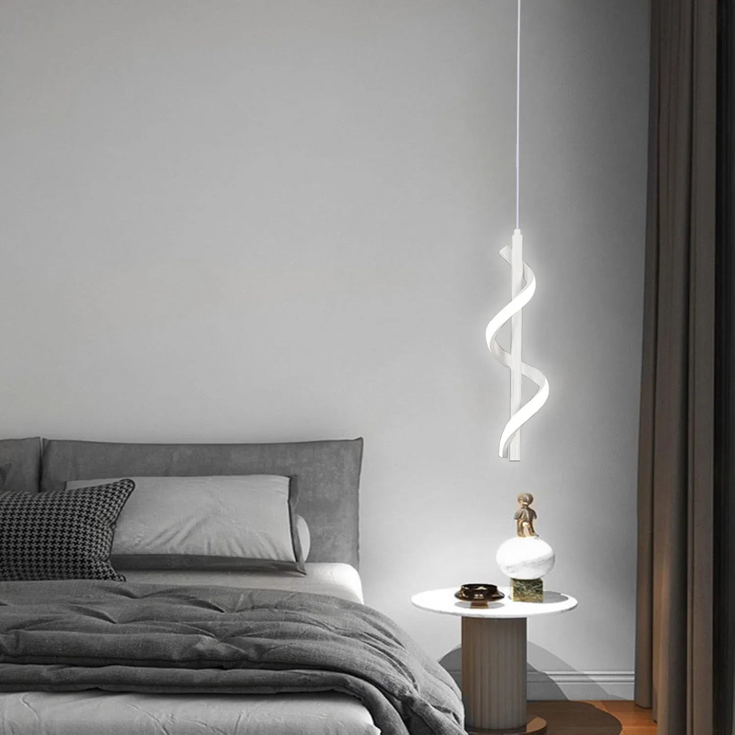 13W Modern Spiral Led Pendant Light Fixture, Cold White 5500K Minimalist Integrated LED Hanging Lamp, Adjustable Hanging Island Light Fixture For Bedroom Living room Kitchen Sink, 1 Pack (White)