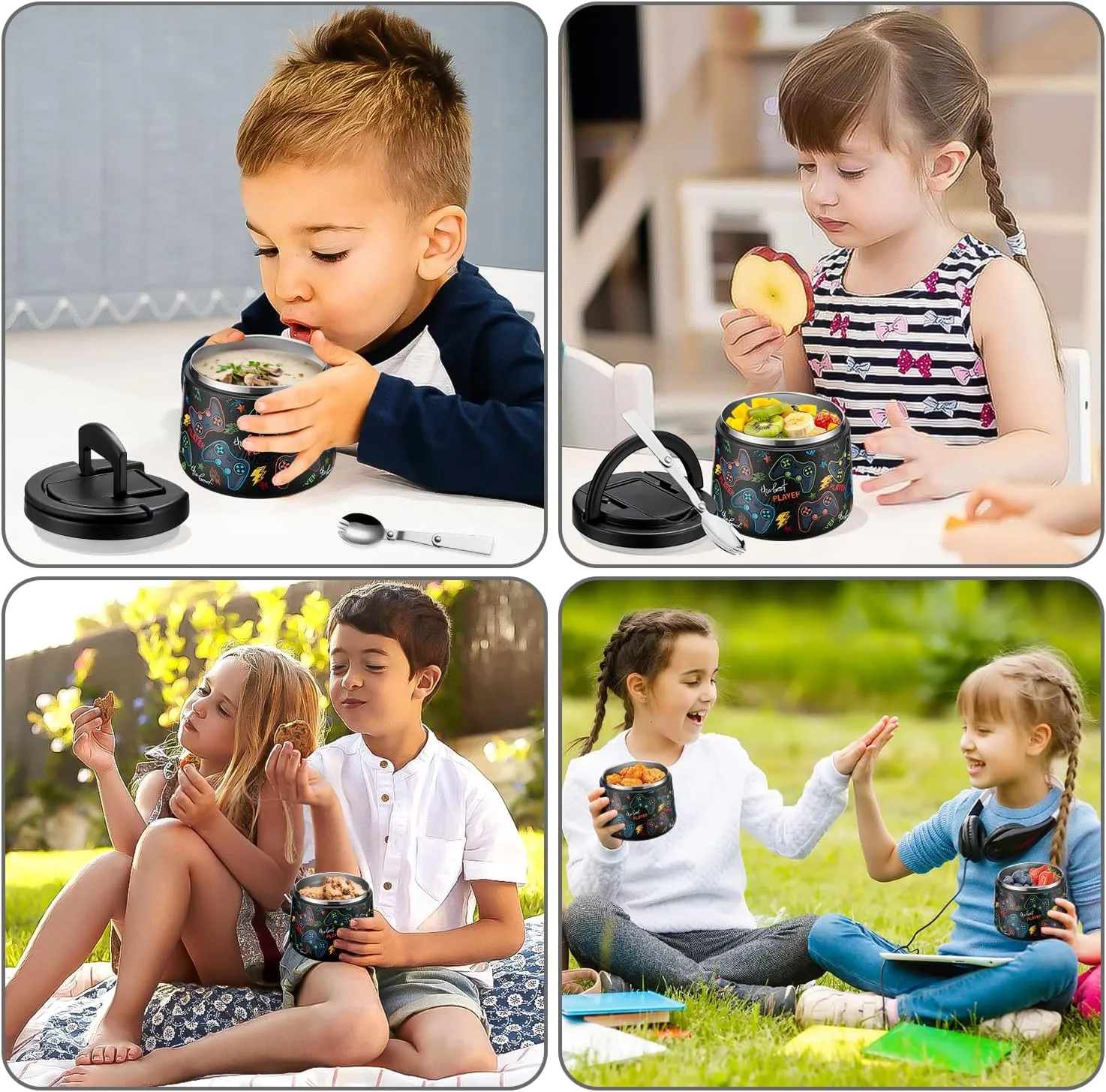 14oz Insulated Vacuum Food Jar with Buckle Lid,Soup Thermo for Hot Food Kids,Wide Mouth Leakproof Stainless Steel Lunch Container with Spoon-Black Game