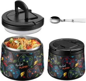14oz Insulated Vacuum Food Jar with Buckle Lid,Soup Thermo for Hot Food Kids,Wide Mouth Leakproof Stainless Steel Lunch Container with Spoon-Black Game