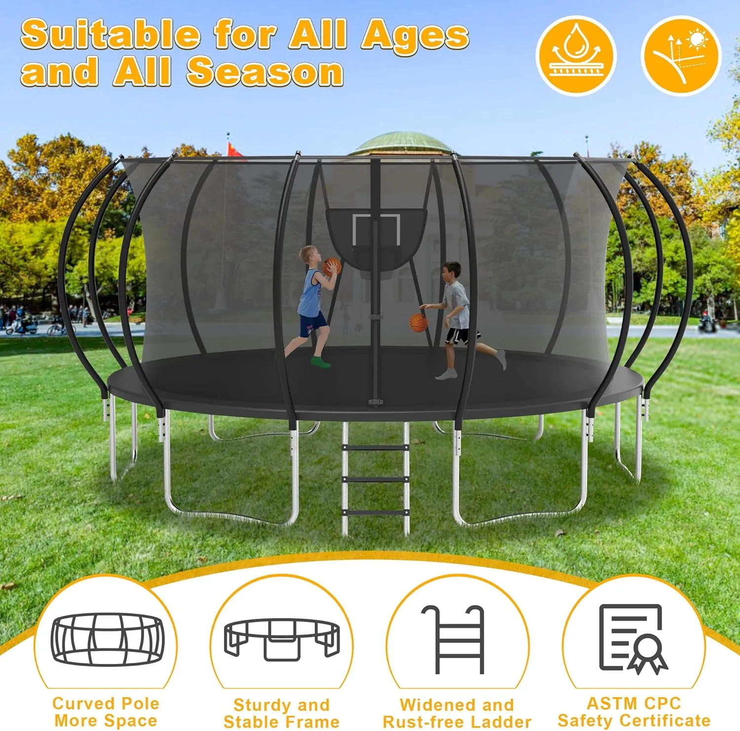 1500LBS Tranpoline Outdoor 8 10 12 14 16FT Tranpoline for Kids and Adults,【Easy to Install & Built to Last】 Recreational Tranpolines with Net, Light Sprinkler, 2 Basketballs, ASTM Approved