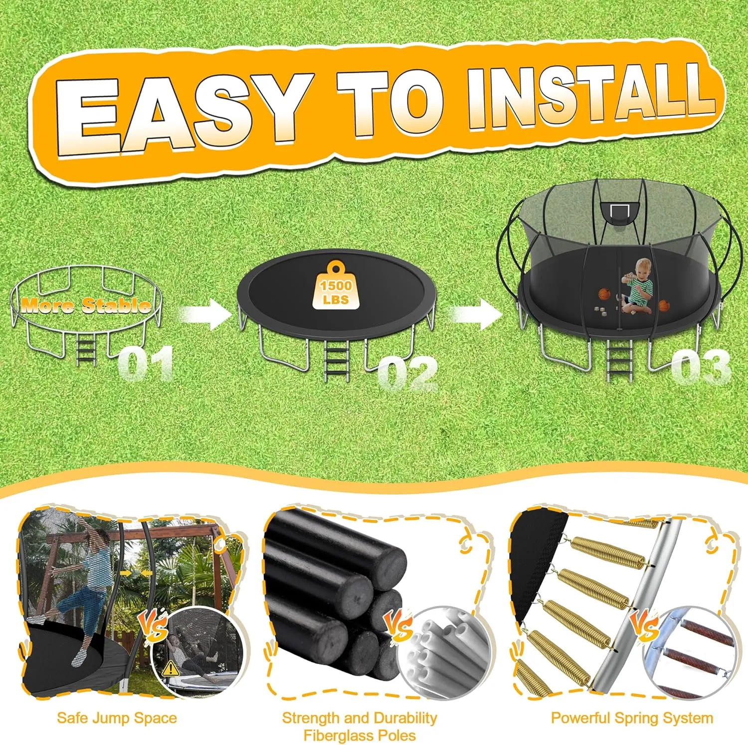 1500LBS Tranpoline Outdoor 8 10 12 14 16FT Tranpoline for Kids and Adults,【Easy to Install & Built to Last】 Recreational Tranpolines with Net, Light Sprinkler, 2 Basketballs, ASTM Approved