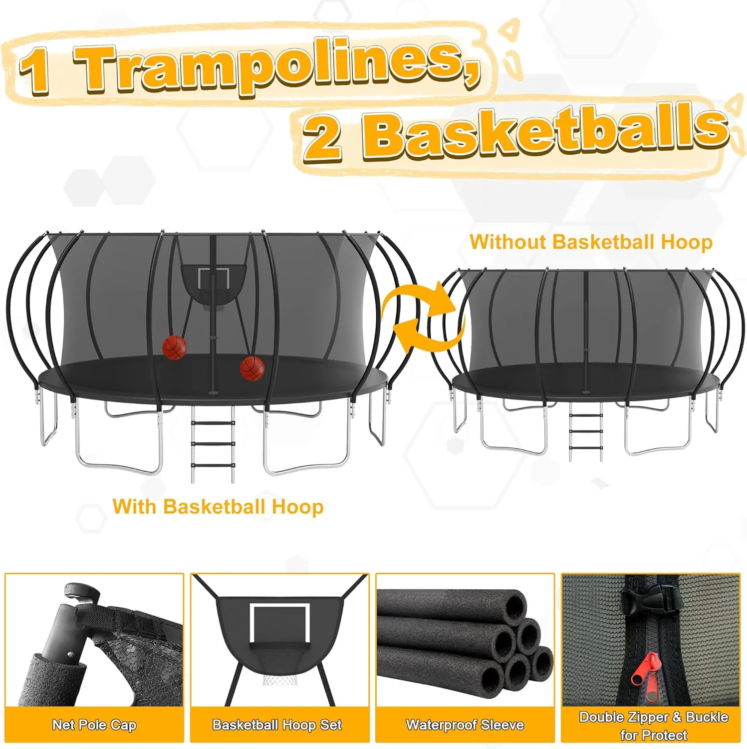 1500LBS Tranpoline Outdoor 8 10 12 14 16FT Tranpoline for Kids and Adults,【Easy to Install & Built to Last】 Recreational Tranpolines with Net, Light Sprinkler, 2 Basketballs, ASTM Approved