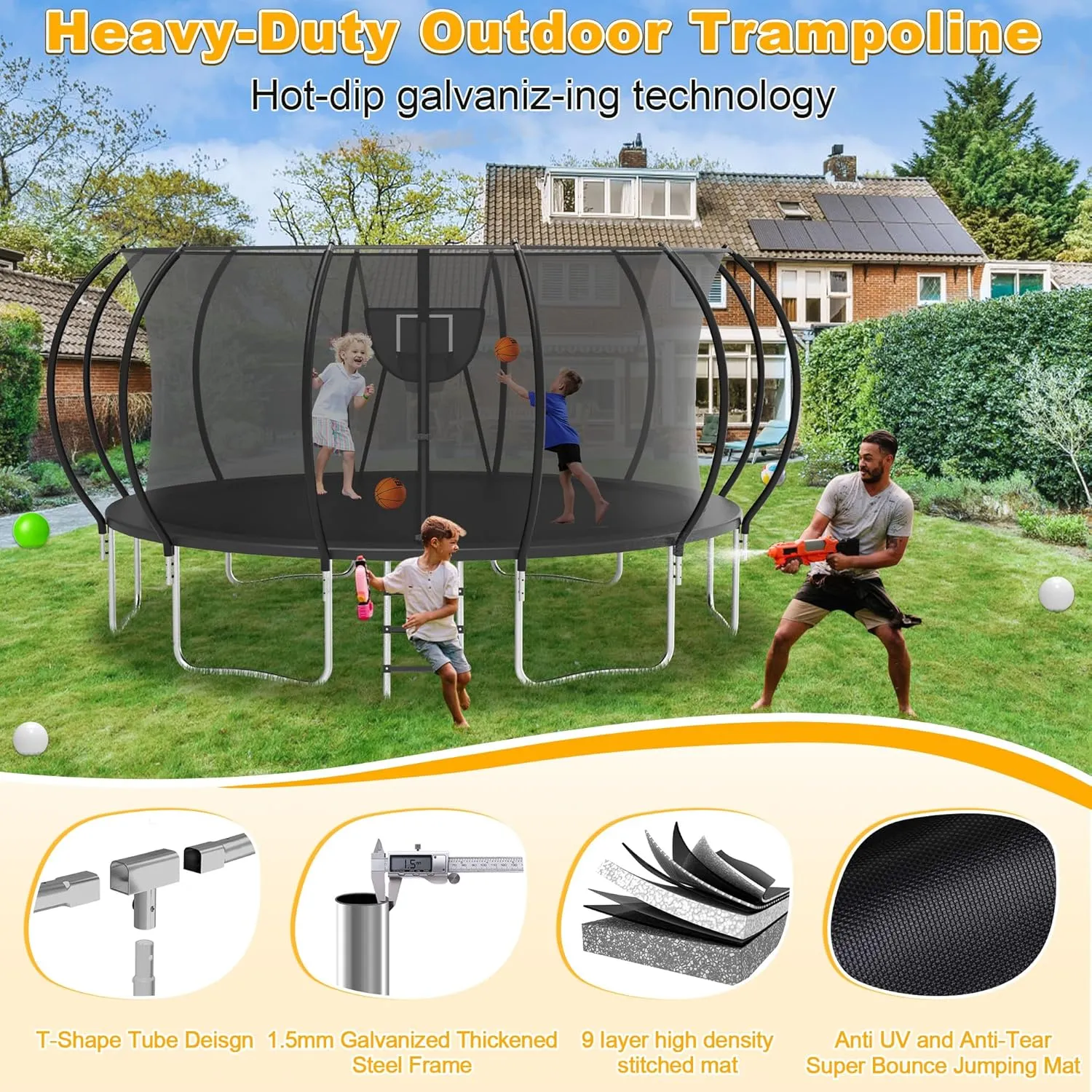 1500LBS Tranpoline Outdoor 8 10 12 14 16FT Tranpoline for Kids and Adults,【Easy to Install & Built to Last】 Recreational Tranpolines with Net, Light Sprinkler, 2 Basketballs, ASTM Approved
