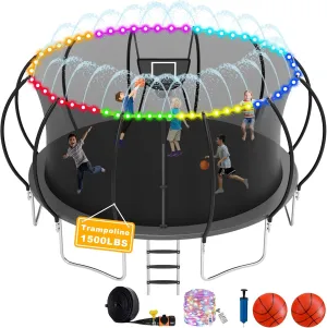 1500LBS Tranpoline Outdoor 8 10 12 14 16FT Tranpoline for Kids and Adults,【Easy to Install & Built to Last】 Recreational Tranpolines with Net, Light Sprinkler, 2 Basketballs, ASTM Approved