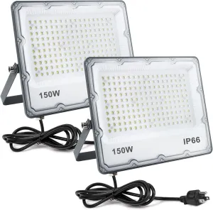 150W LED Flood Lights Plug in, Outdoor Security Lights Fixtures 6500K 15000LM Illumination, IP66 Waterproof White Lighting for Ball Ground, Parking Lot, Pathway, Yard (2 Pack)
