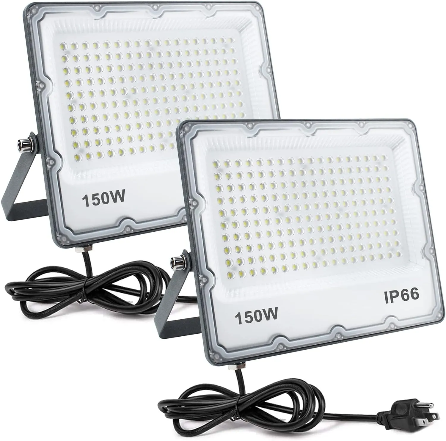 150W LED Flood Lights Plug in, Outdoor Security Lights Fixtures 6500K 15000LM Illumination, IP66 Waterproof White Lighting for Ball Ground, Parking Lot, Pathway, Yard (2 Pack)