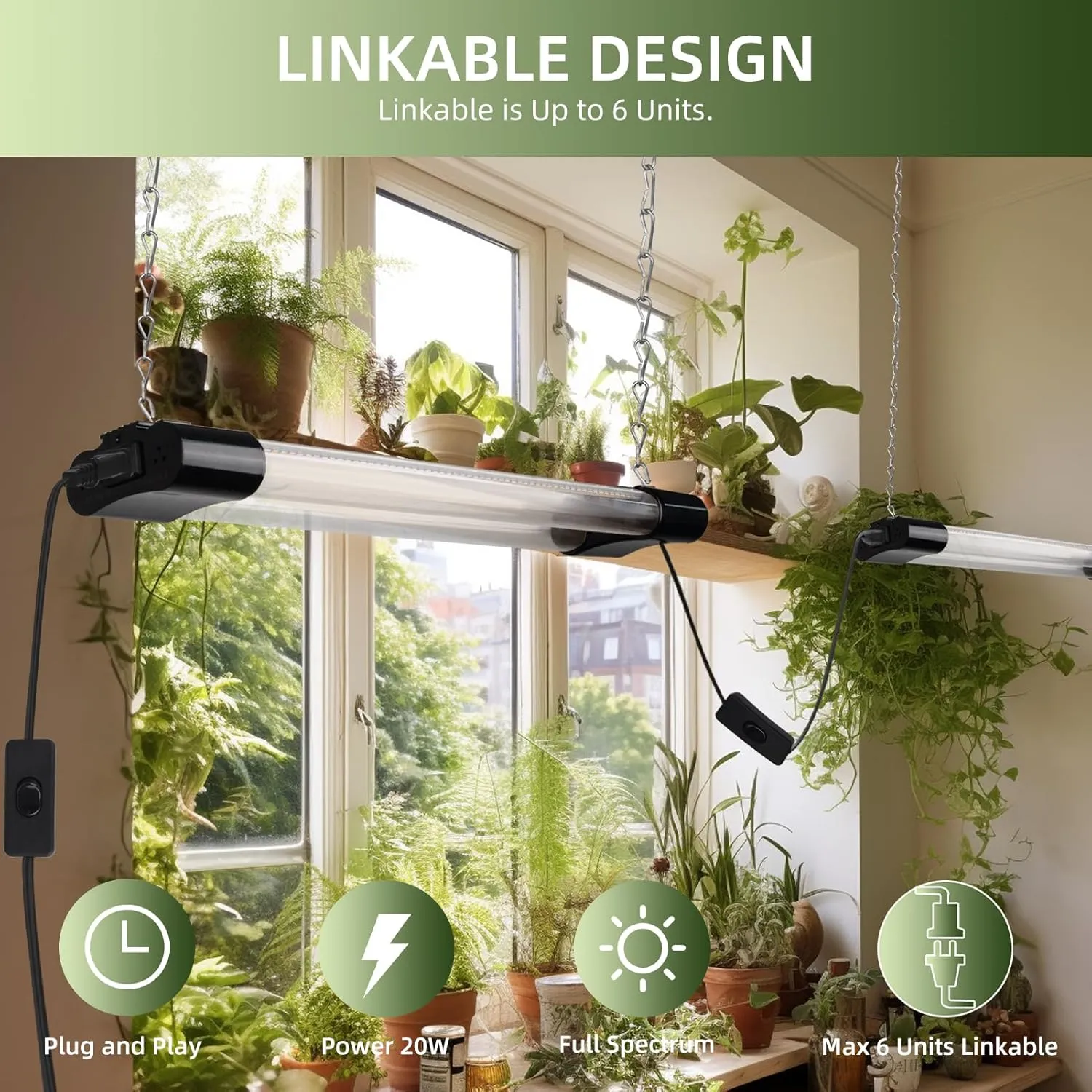 16inch 4 Pack LED Grow Lights - Linkable Grow Lights for Indoor Plants, Full Spectrum Plant Lights Plug and Hanging Design with On/Off Switch Hanging Grow Light from seedling to Flowering, Black