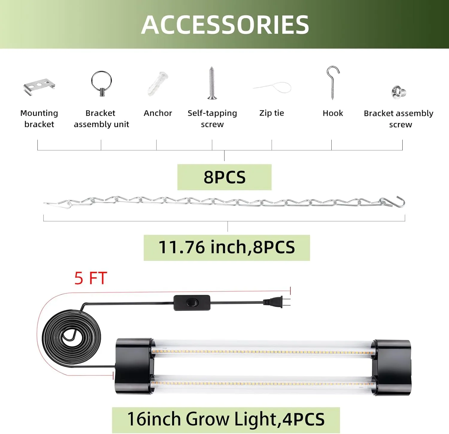 16inch 4 Pack LED Grow Lights - Linkable Grow Lights for Indoor Plants, Full Spectrum Plant Lights Plug and Hanging Design with On/Off Switch Hanging Grow Light from seedling to Flowering, Black