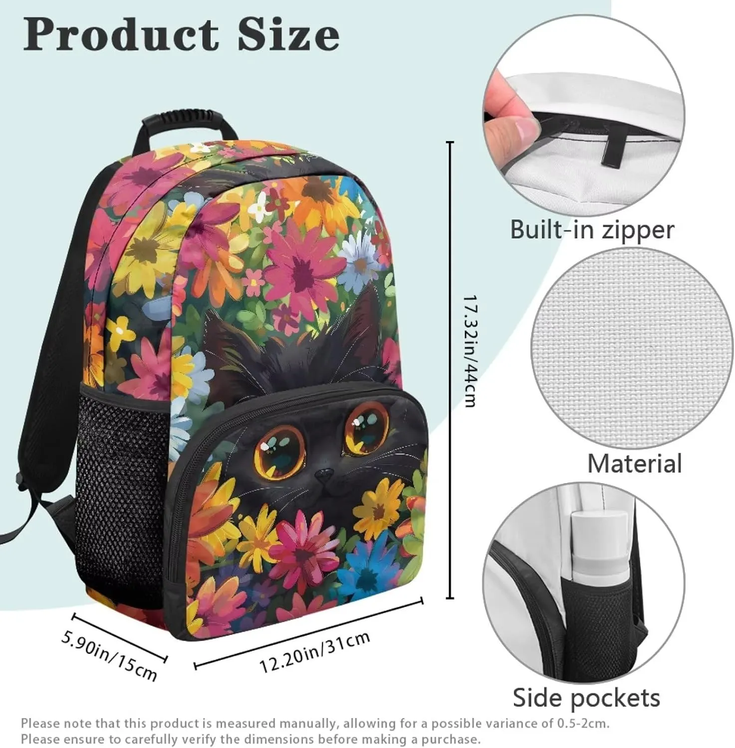 17 Inch Kids Travel Backpack Lightweight Large Capacity Adorable Cat Bookbag School Bag Daypack 17-18 Girls for Outdoor and Campus Use