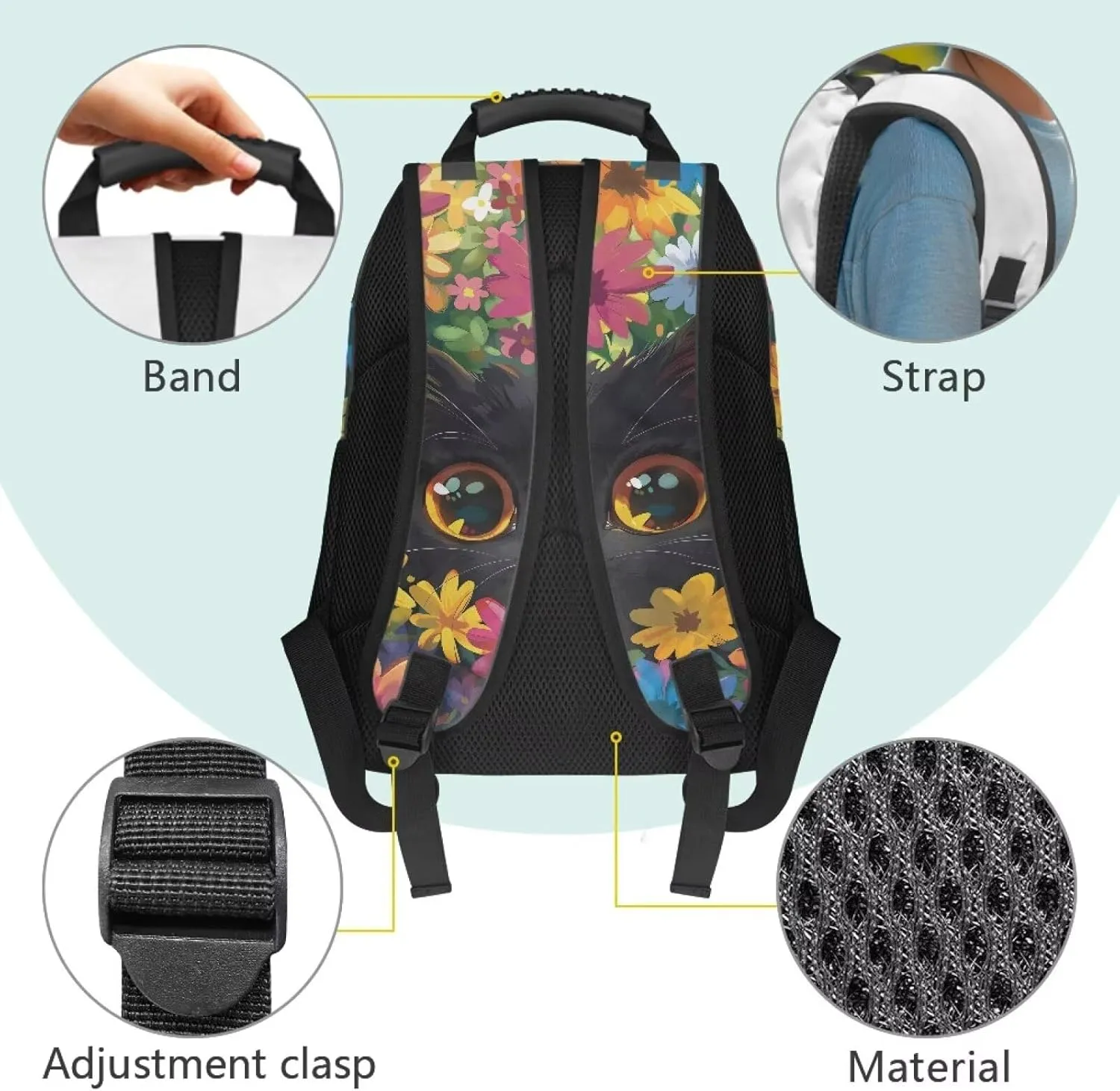 17 Inch Kids Travel Backpack Lightweight Large Capacity Adorable Cat Bookbag School Bag Daypack 17-18 Girls for Outdoor and Campus Use