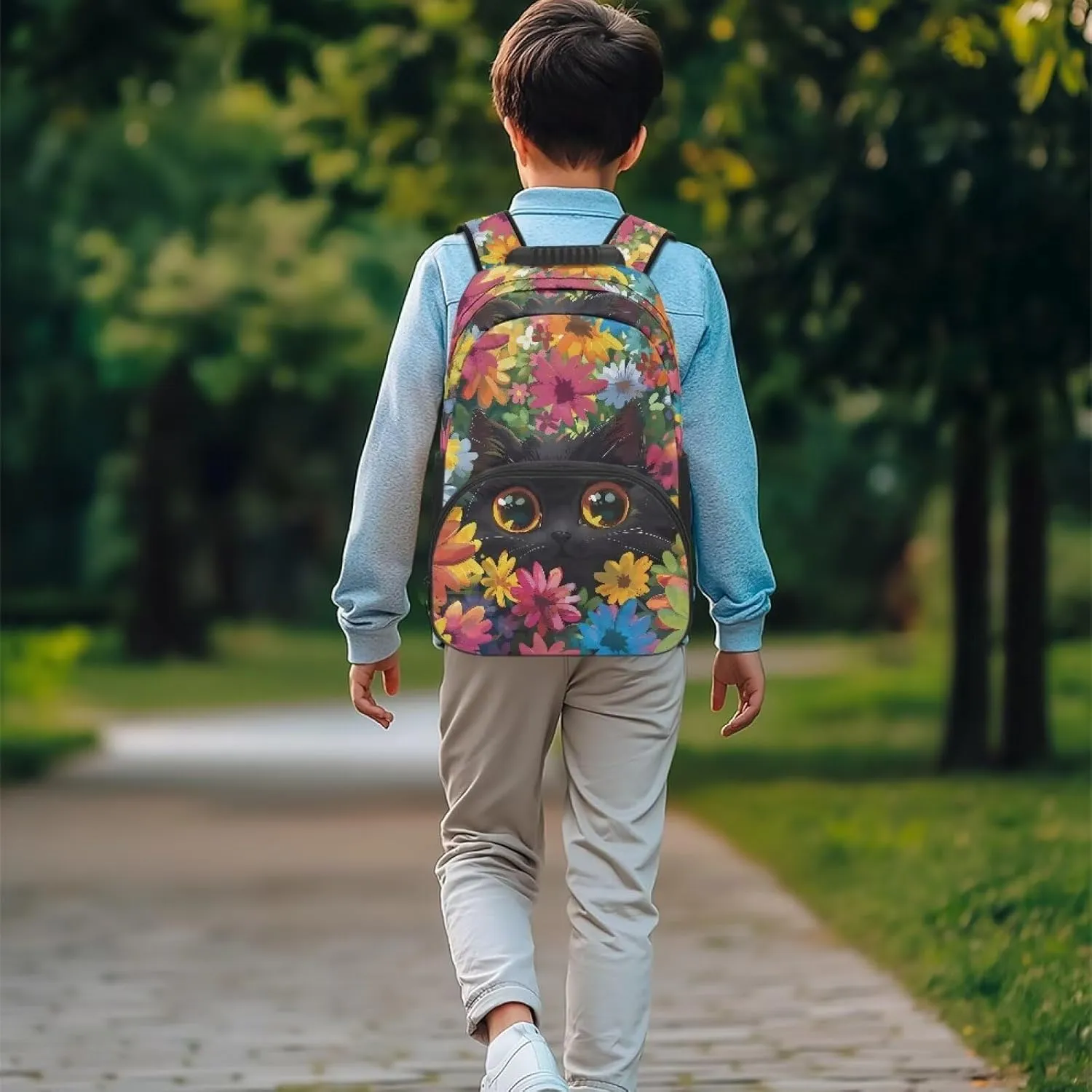 17 Inch Kids Travel Backpack Lightweight Large Capacity Adorable Cat Bookbag School Bag Daypack 17-18 Girls for Outdoor and Campus Use