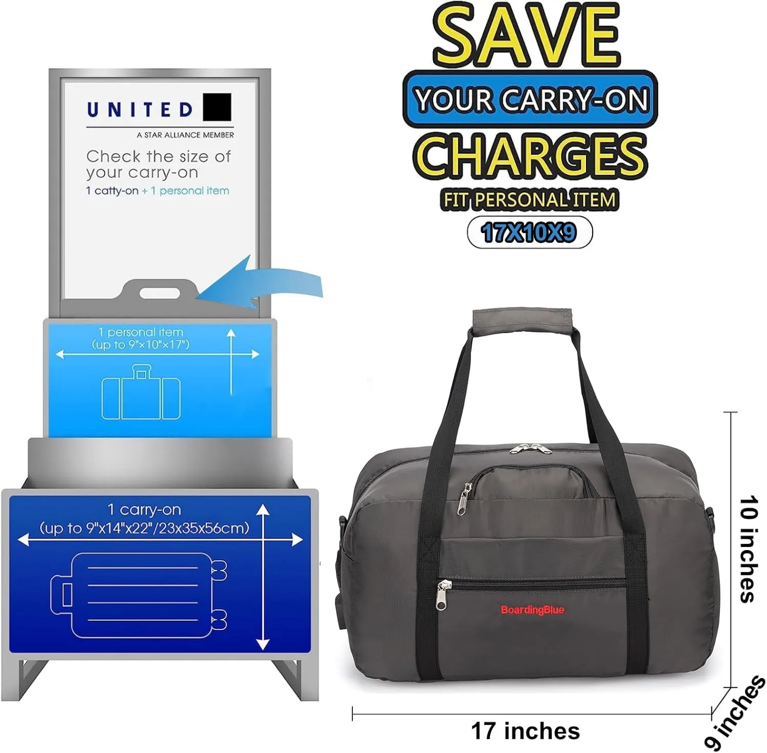 17x10x9 United Airline Personal Item Under Seat Duffel Bag With Free Pillow And USB Port (Grey)